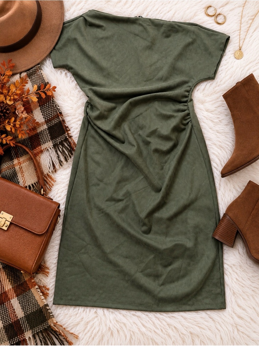Asymmetrical One Shoulder Ruched Faux Suede Dress